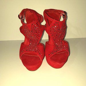 FOREVER BRAND RED SUEDE RHINESTONE WEDGE HEEL SHOE
